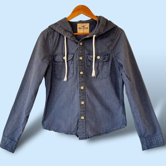 Hollister Denim Hoodie Men's Small Blue Chambray Surfer Skater Button Front Logo - Picture 1 of 7